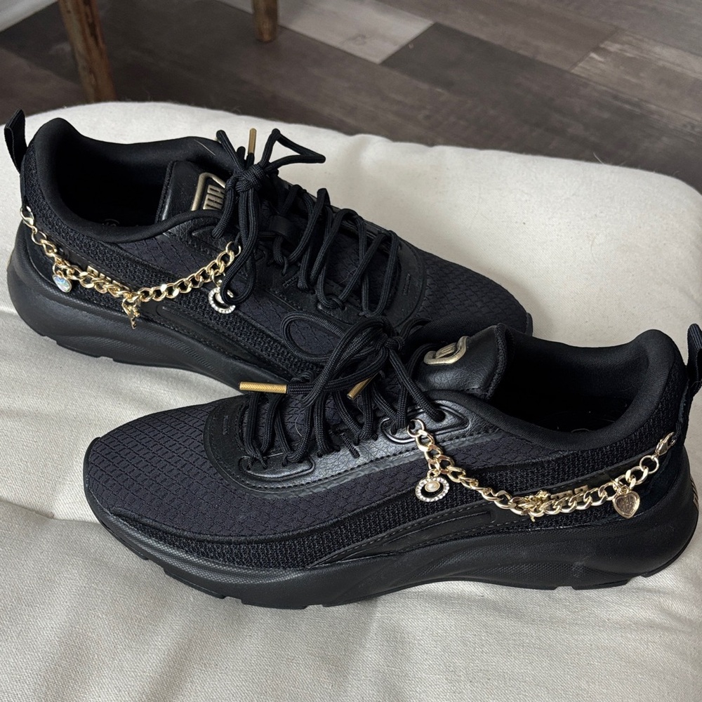 Puma Women's Black Athletic Sneakers with Gold Chain Detail